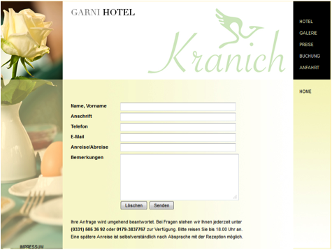 Anfrageformular beim Hotel Kranich: "Das ist nichts für Kurzentschlossene und Business-Reisende."